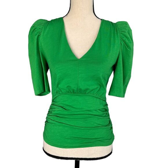INC Small Top V-Neck Puff Sleeves Ruched Sides Stretch Pleated Side Zip Green - Picture 1 of 9